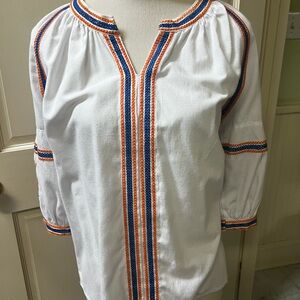 White Embroidered Peasant Blouse with Navy & Orange Trim